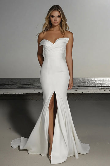 Robe de mariée sirène ivoire à épaules dénudées en satin avec fente
